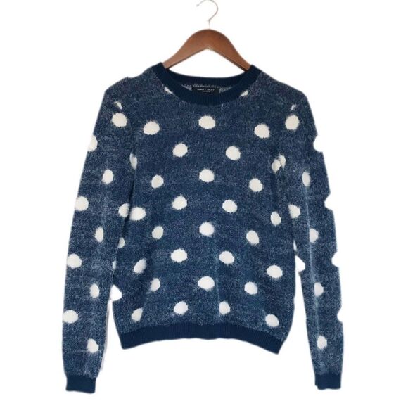 R+J Couture Navy White Polka Sot Fuzzy Sweater Pullover‎ Crewneck Size Medium - Picture 1 of 9
